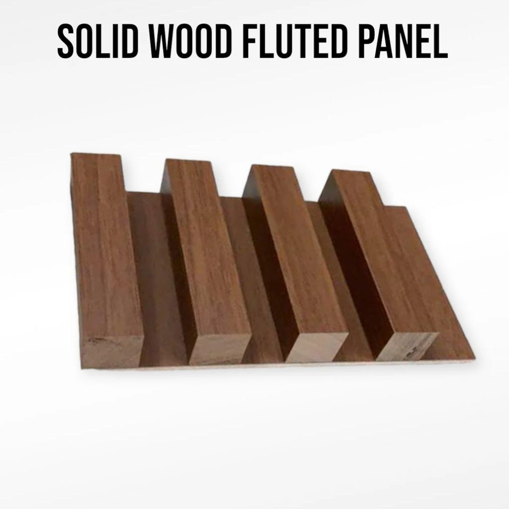 Actual 10-foot solid wood fluted sample: four square strips with solid timber ends and offset backing