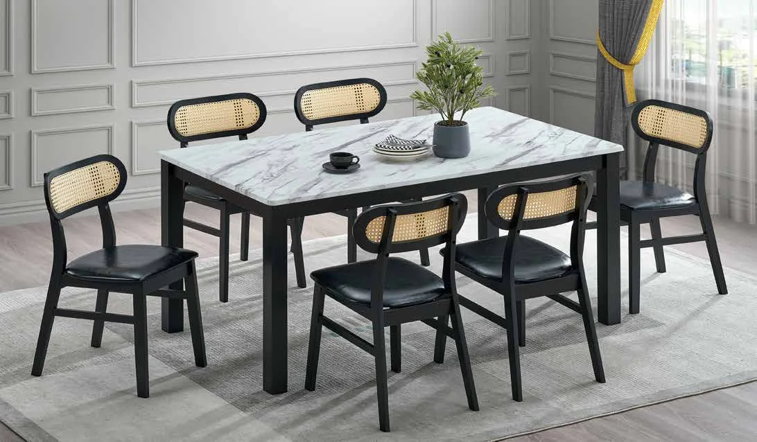 Marble-look melamine table top in a styled dining setting
