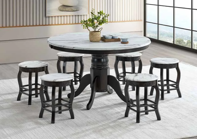 Round marble-look table top styled with kopitiam stools